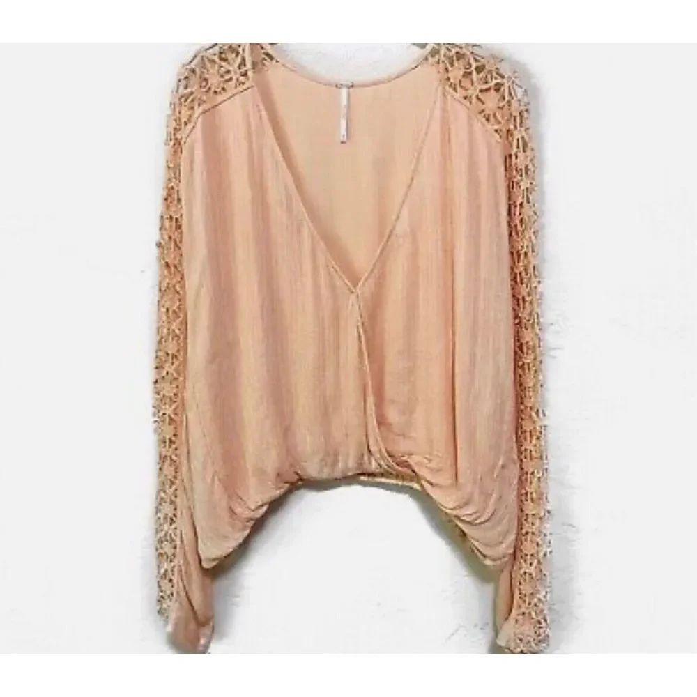free people Runaway Boho Crochet Lace Long Sleeve Cropped Top in Light Peach - M